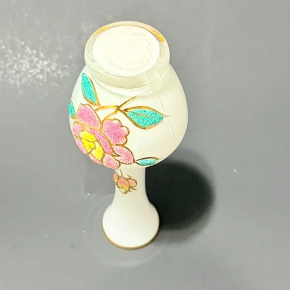 Vtg Satin Frosted Glass 8" Bud Vase Sugar Bead Floral Hand Painted Gold Trim - Picture 13 of 16